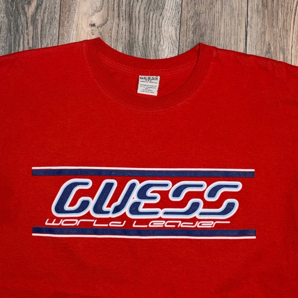 Vintage Guess USA World Leader Graphic T-Shirt Red Mens Large 01350 Racing Tee - Picture 3 of 6